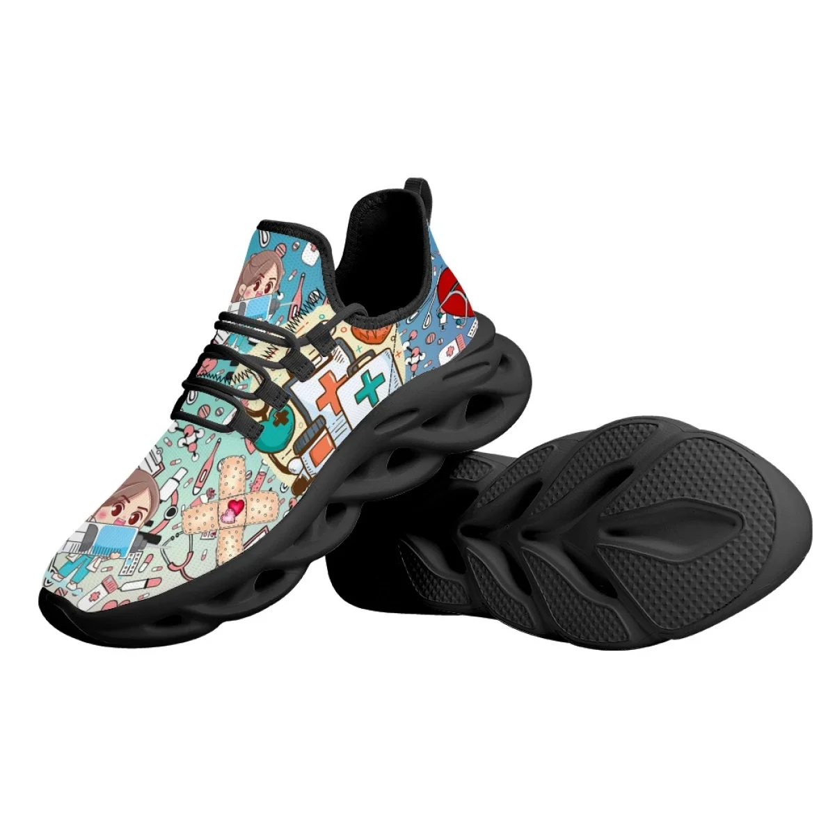 INSTANTARTS Cartoon Surgical Nurse Printing Female Casual Shoes Summer Breathable Mesh Sneakers for Women Lace up Light Zapatos