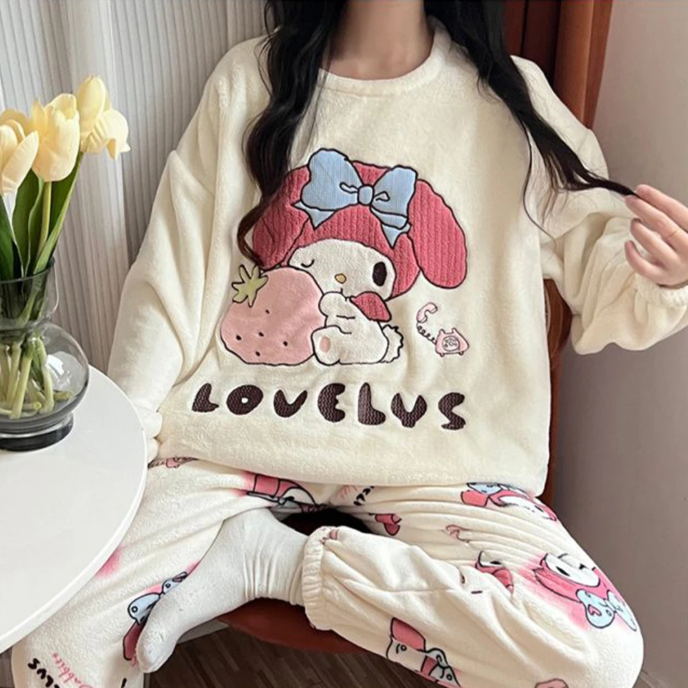 

Kawaii My Melody Pajamas Set Sanrios Women Coral Fleece Cartoon Winter Plush Warm Thicken Home Wear Girl Student Sweet Cute Soft