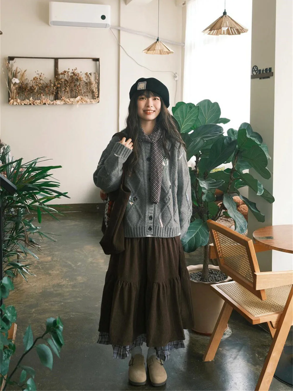 Vintage Brown Plaid Tiered Maxi Skirt Women High Waist Ruffle Long Skirt Boho Retro A-Line Pleated Skirts Autumn Winter Casual