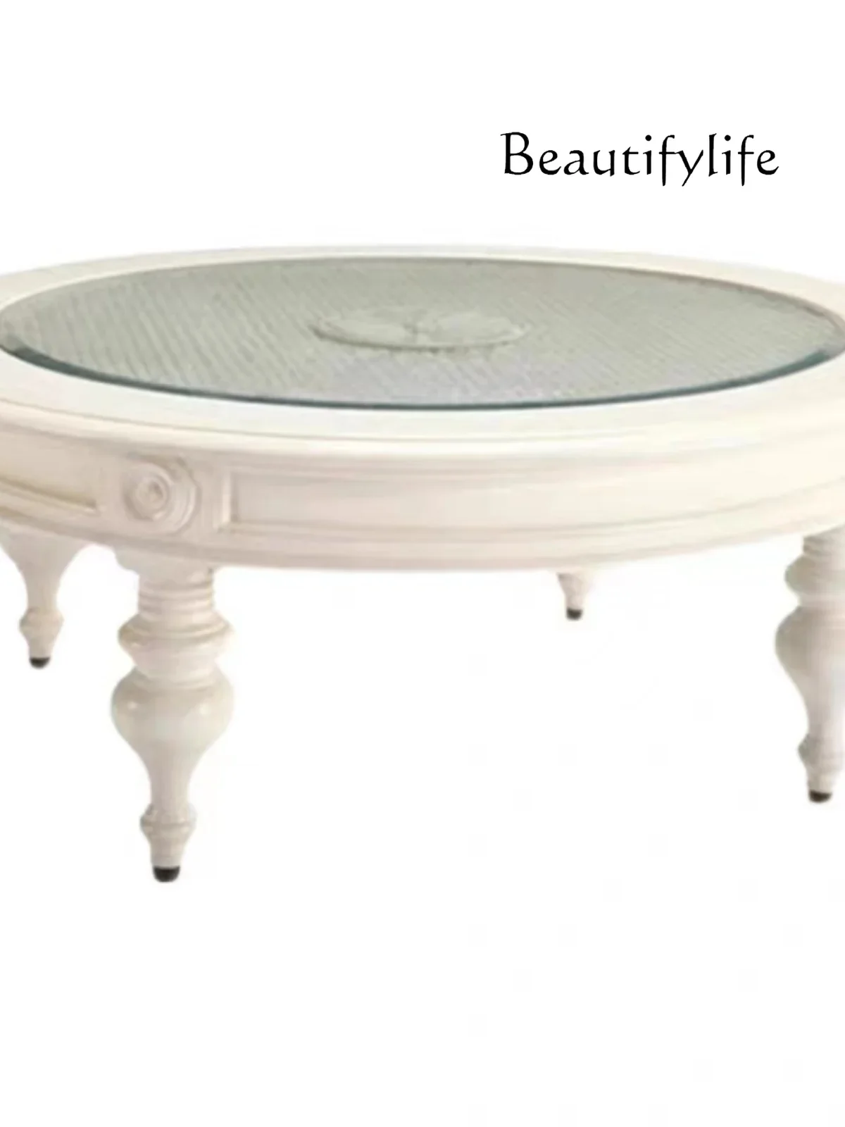 

American French solid wood retro round coffee table living room small apartment balcony rattan art small tea table simple
