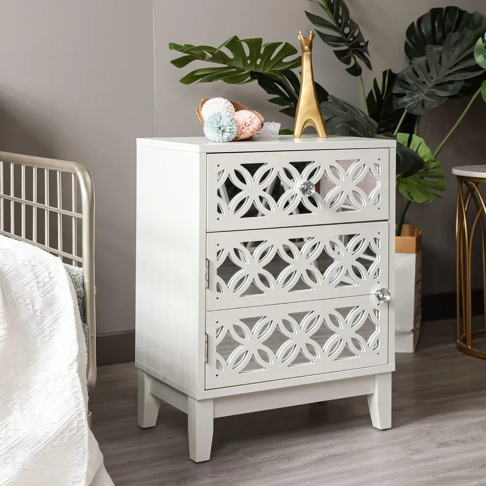 

White Nightstand with Drawer, Mirrored Bedside Table with Cabinets, Carved Wood Nightstand for Bedroom, Living Room