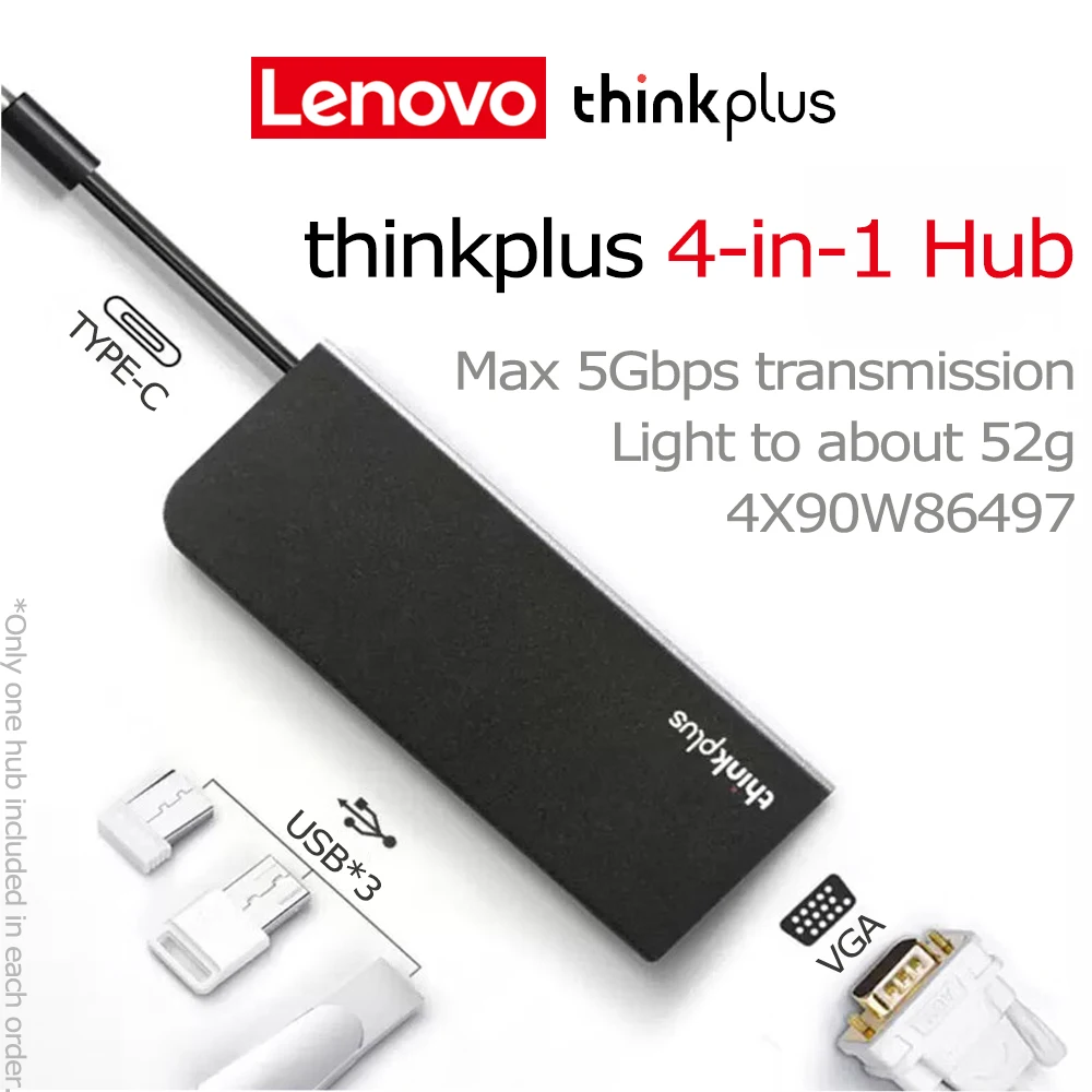 thinkplus USB-C 4-in-1 Hub 4X90W86497 Small Size 3 USB-A 3.1 Gen1 VGA 5Gbps Compact Convenient Docking Station Dock