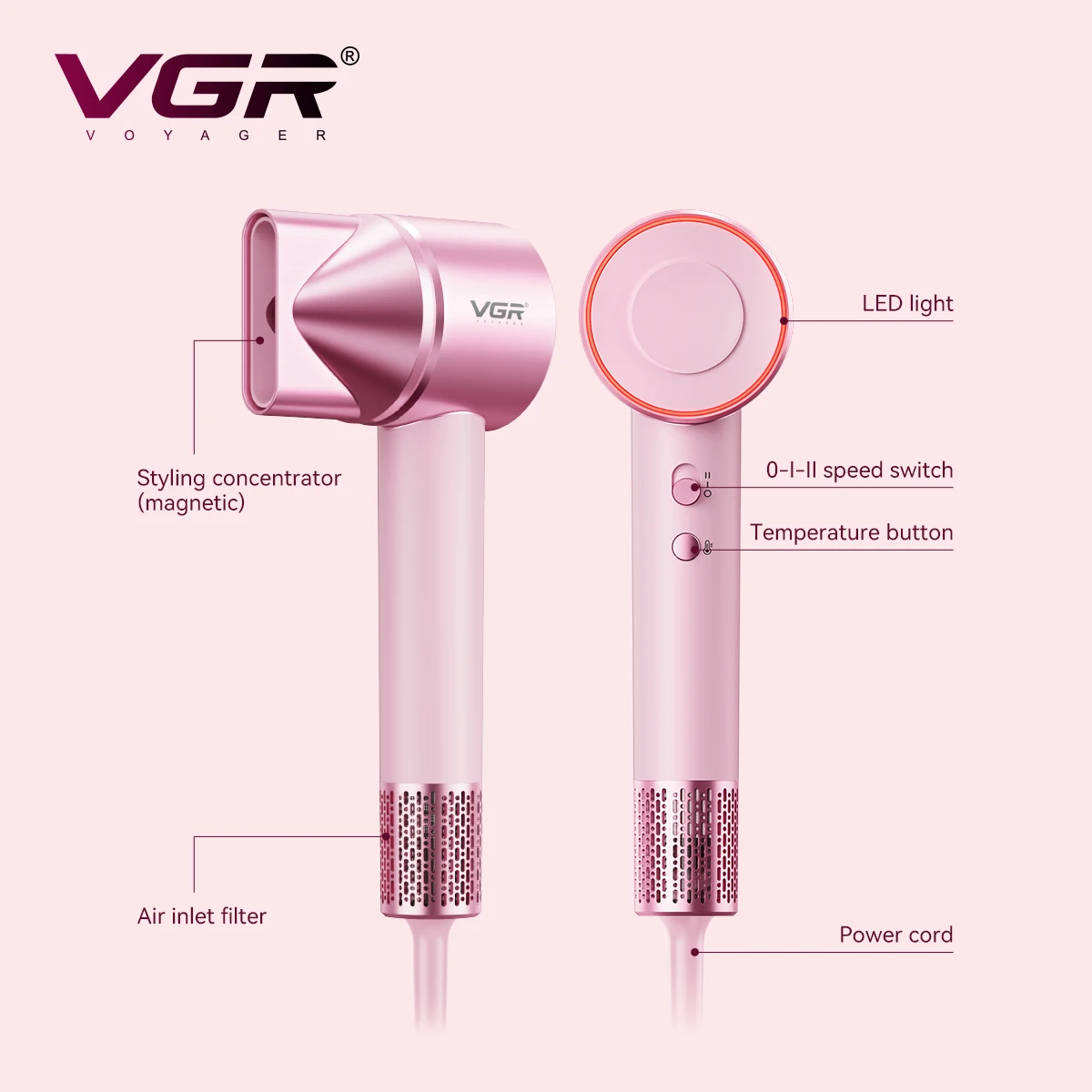 VGR عناية بالشعر بالأيونات السالبة مجفف شعر مُحسّن احترافي عالي السرعة مجفف شعر عرض خاص منخفض الضوضاء مجفف شعر 110,000 دورة في الدقيقة مجفف شعر نسائي V-443