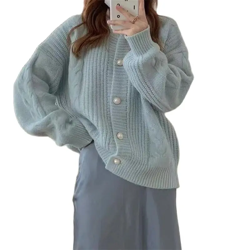 

Women's Blue Cardigan Sweater 90s Aesthetic Y2k Vintage Long Sleeves Loose Knitted Jumper Sweaters 2000s Fashion Clothes Autumn