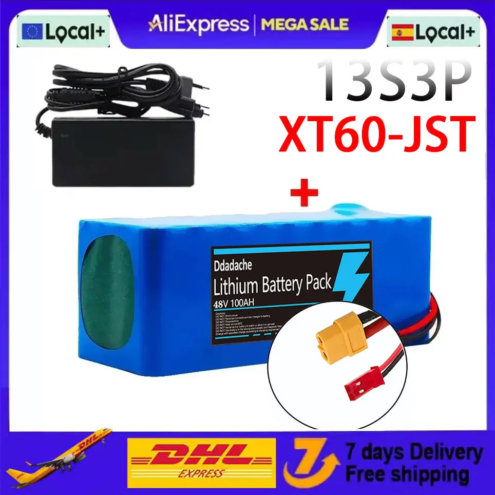 Pack de batteries lithium-ion 13S3P 48V 100000mAh 100Ah 1000W avec BMS + chargeur 54.6V