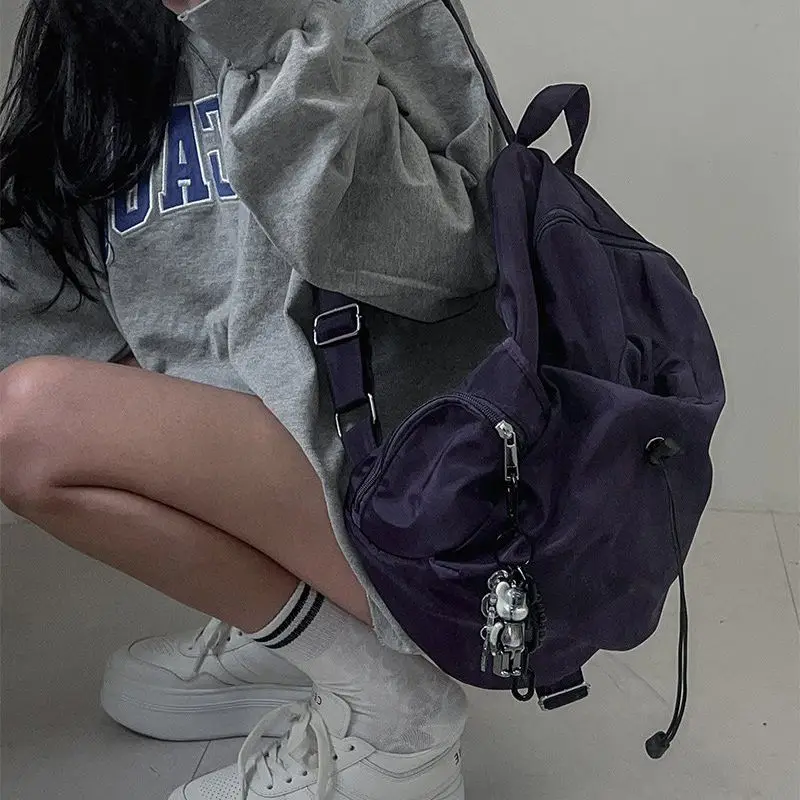 Y2k Aesthetic Ins Drawstring Pleated Backpack High-capacity Zipper Nylon Streetwear Backpacks New Casual Women Grunge Schoolbags