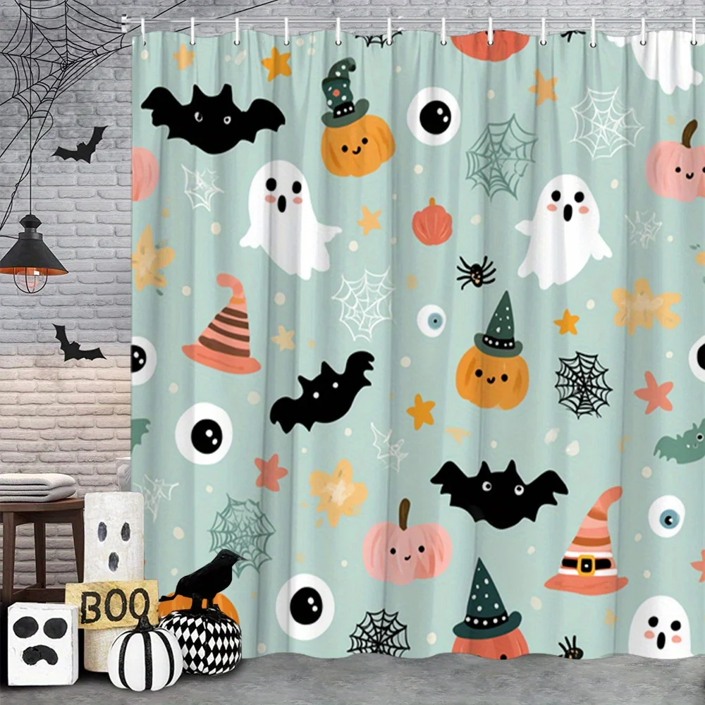 1pc a Playful Halloween Shower Curtain Featuring Cartoon Bats, Ghosts, Pumpkins, Spiders, And Witch Hats on a Light Teal Backdro