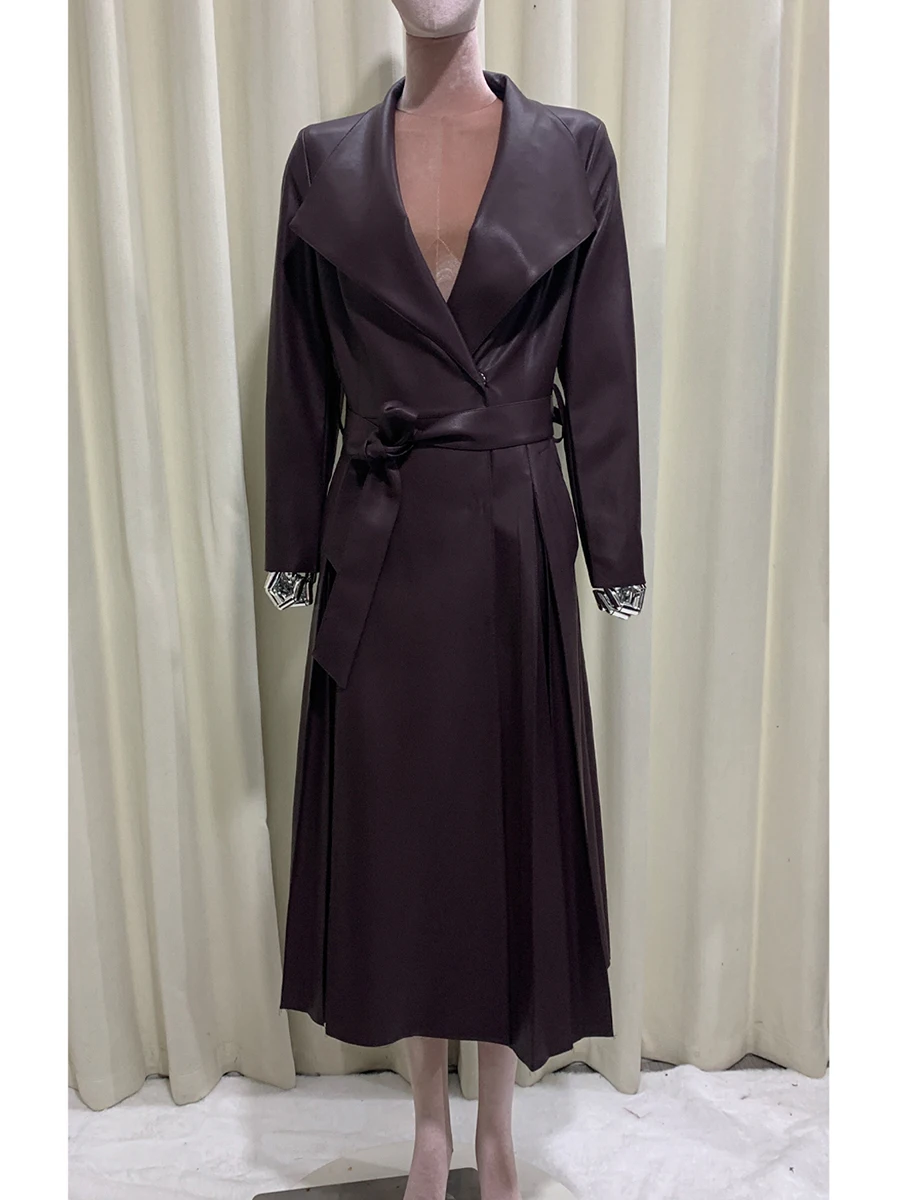 Primavera otoño largo suave falda fluida café Pu abrigo de cuero mujeres chal cuello fajas elegante Chic ropa de diseñador de lujo 2025