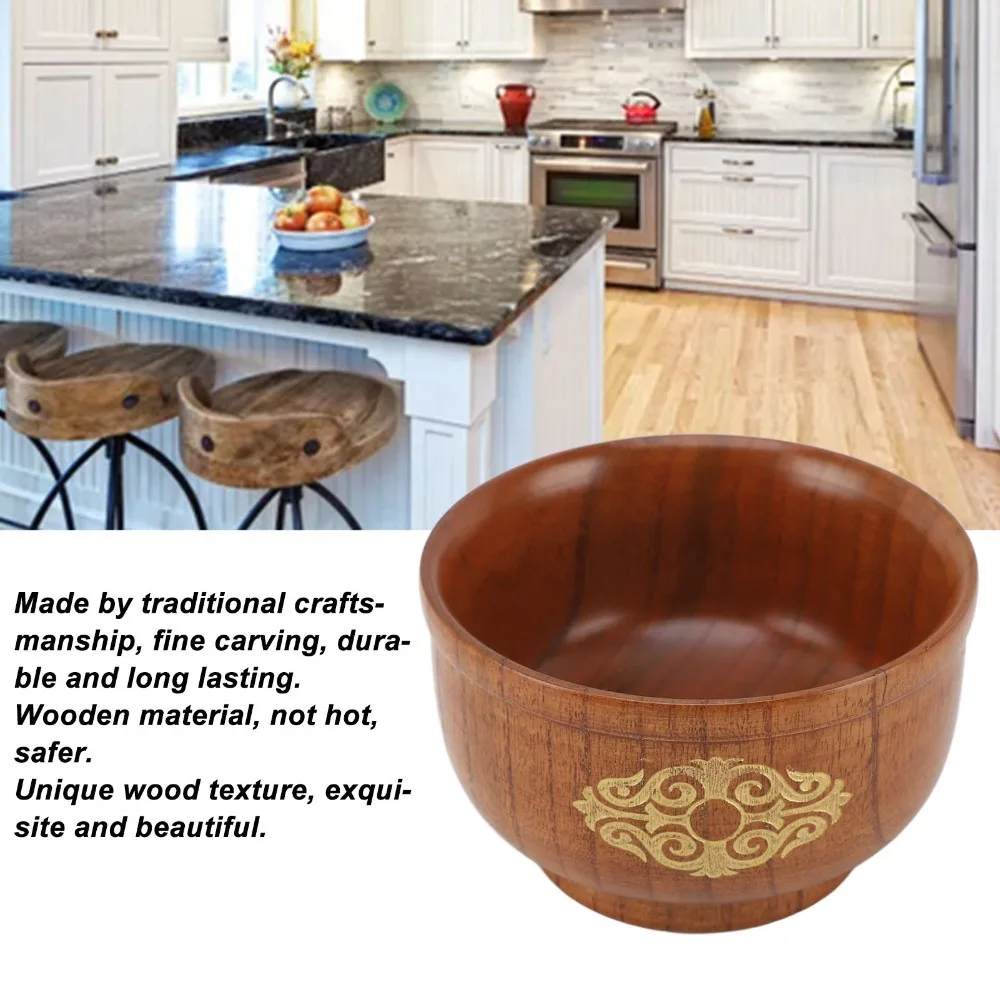 Solid Wood Rice Bowl One‑piece Carved Integrated Burr‑free Dining Bowl Moderate Bowl Depth Polished Inner Wall Breakfast Bowl