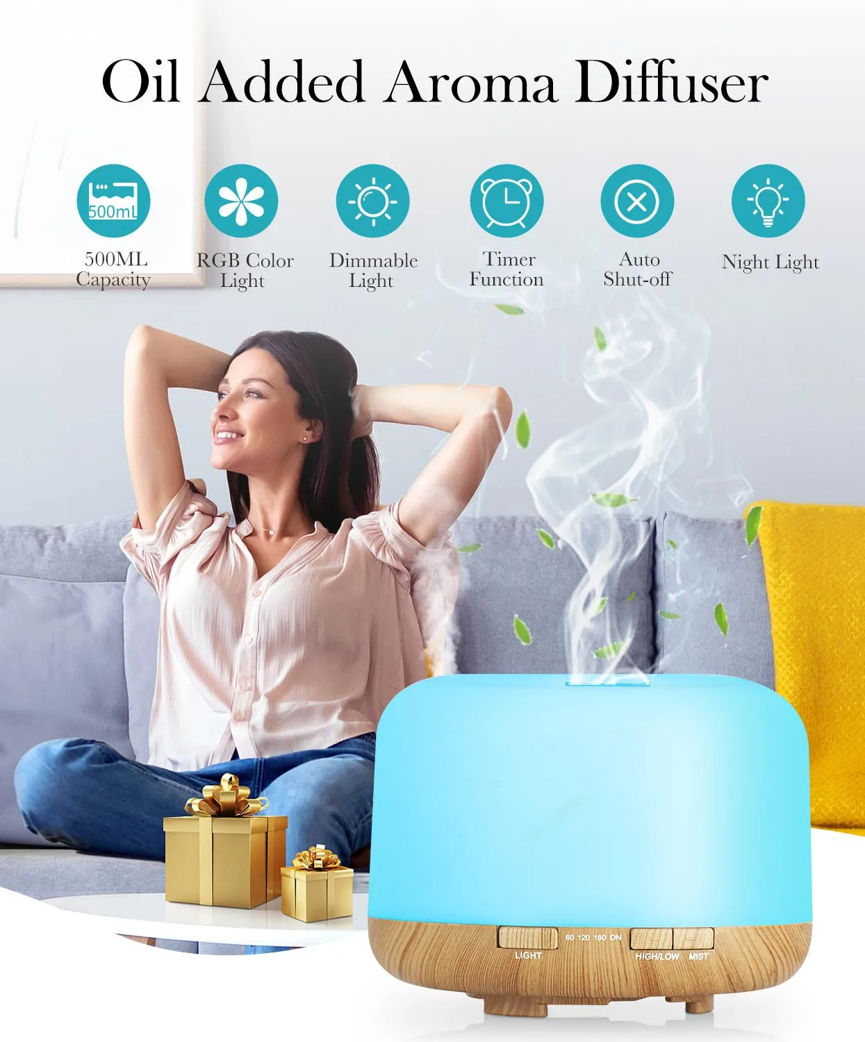 500ML Essential Oil Diffuser & Humidifier - Aromatherapy Machine with Remote Control, 7-Color Night Light for Home/Office