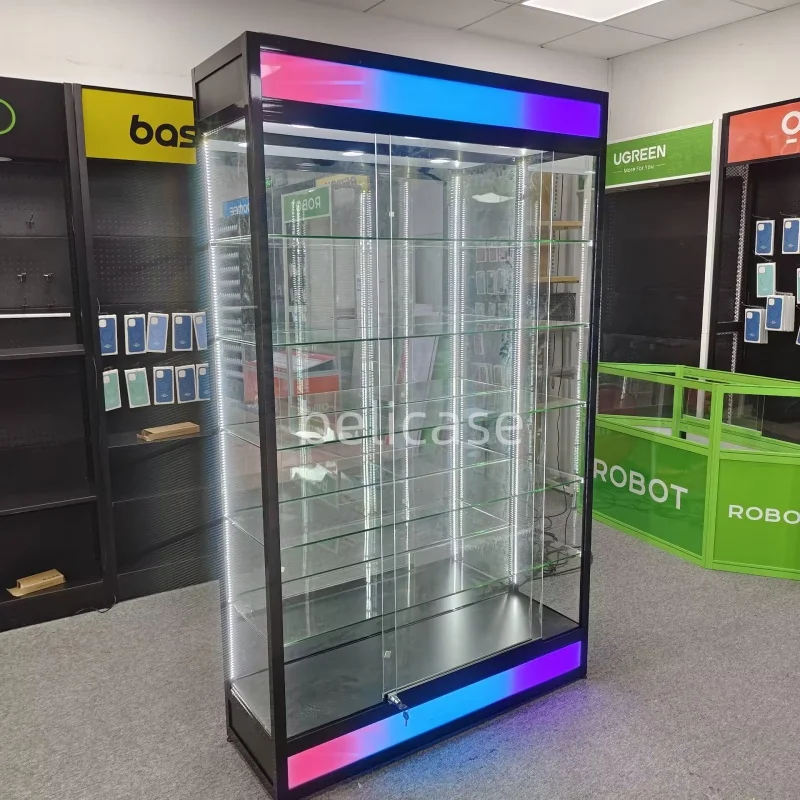 Vitrine de vidro com luz LED colorida, personalizado, moldura de alumínio, showerhead show, loja de fumaça, loja