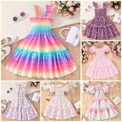 Summer Dress Kids Girls Clothes Cartoon Animal Mermaid Butterfly Rainbow Short Sleeve Cotton Ruffles Toddler Dresses 1-7 Years