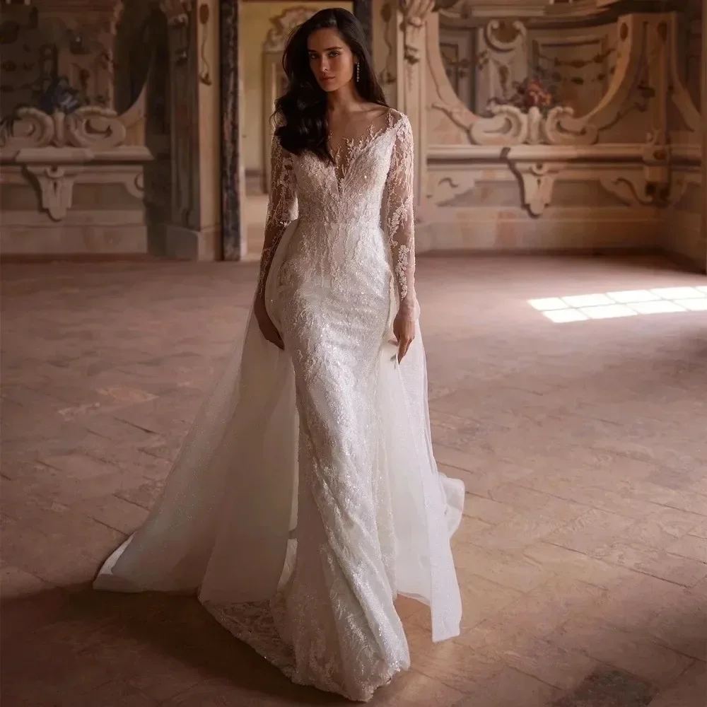 

customized2025 Luxury Mermaid Wedding Dresses Detachable Train Scoop Flowers Lace Appliques Beads Bridal Gowns Vestidos De Noiva