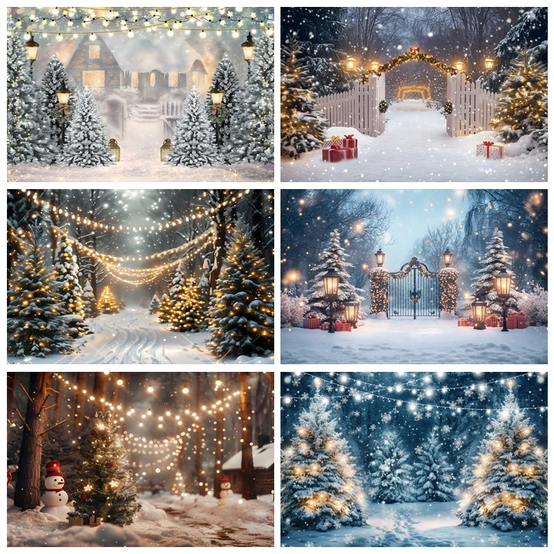 Winter Christmas Tree Photography Backdrop Snowy Night Pine Trees Forest Background Kids Portraits New Year Party Decor Props