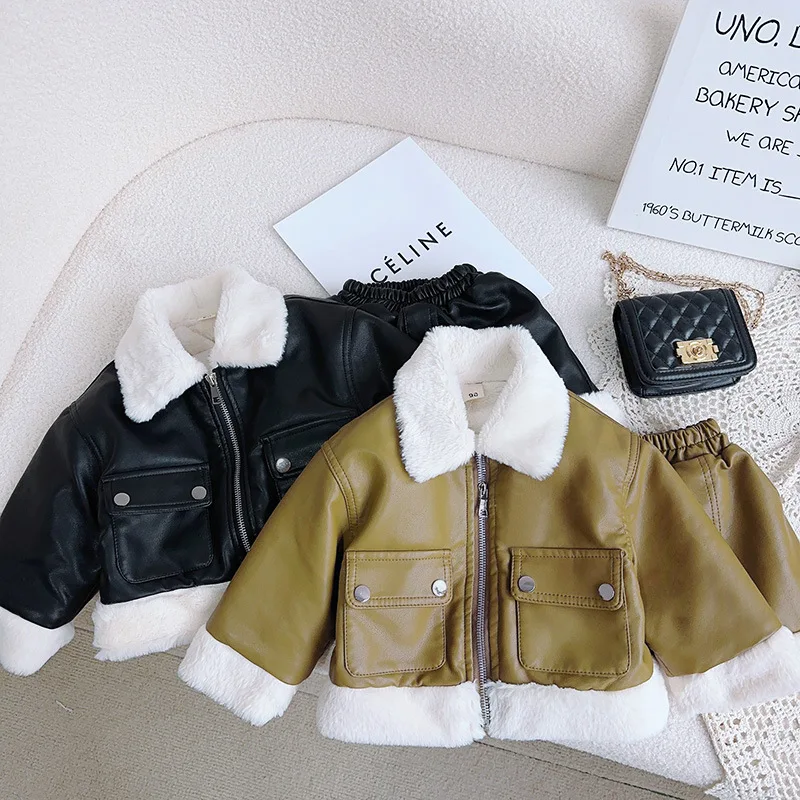 

Girls' Winter Outfit Set Baby Girl Fleece-Lined Warm Leather Jacket+Two-piece Short Skirt Set Wholesale