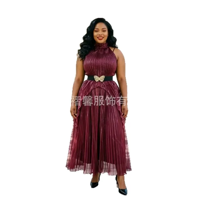 Miyake Pleated Spring Autumn 2026 New Round Neck Plus Size Waist-Cinching Halter Neck Butterfly Belt Sleeveless Three-Piece Set