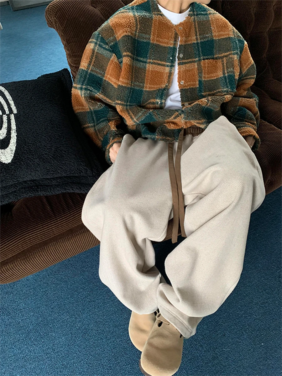 

Мужские шерстяные брюки цвета хаки, свободные, в американском ретро-стиле, утепленные, прямые, широкие, длинные, в стиле BF (бойфренд)