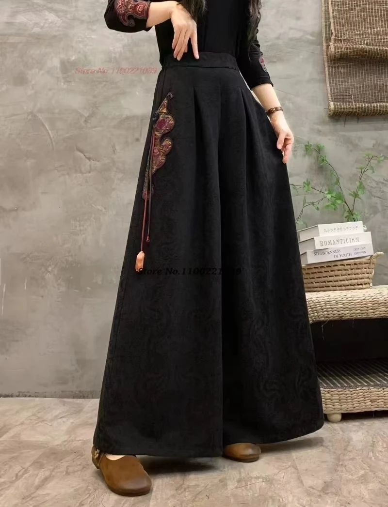 

2025 chinese vintage pants cotton linen jacquard trousers national flower embroidery folk pants elastic waist wide leg trousers