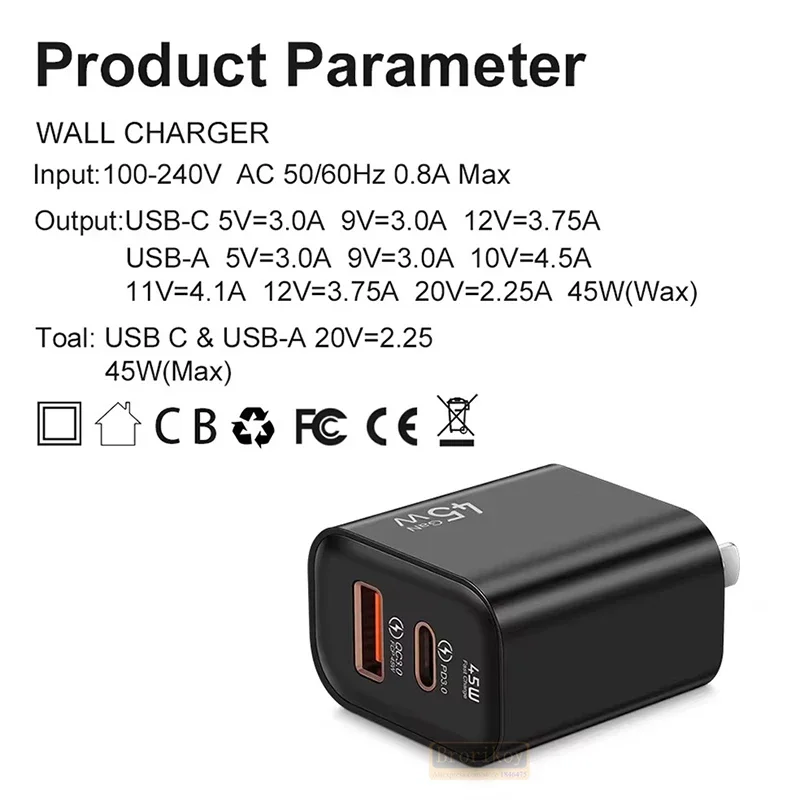 GaN 45W Dual PD Type C Charger USB Fast Charging Quick Charger 3.0 For iPhone 15 Xiaomi Samsung S22 Huawei Mobile Phone Adapter - náhled 6