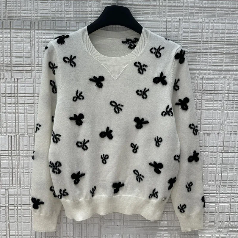 

2024 High Quality Embroidered Bow Sweater Casual Lazy Style Trendy Crew Neck Long Sleeve Top Autumn