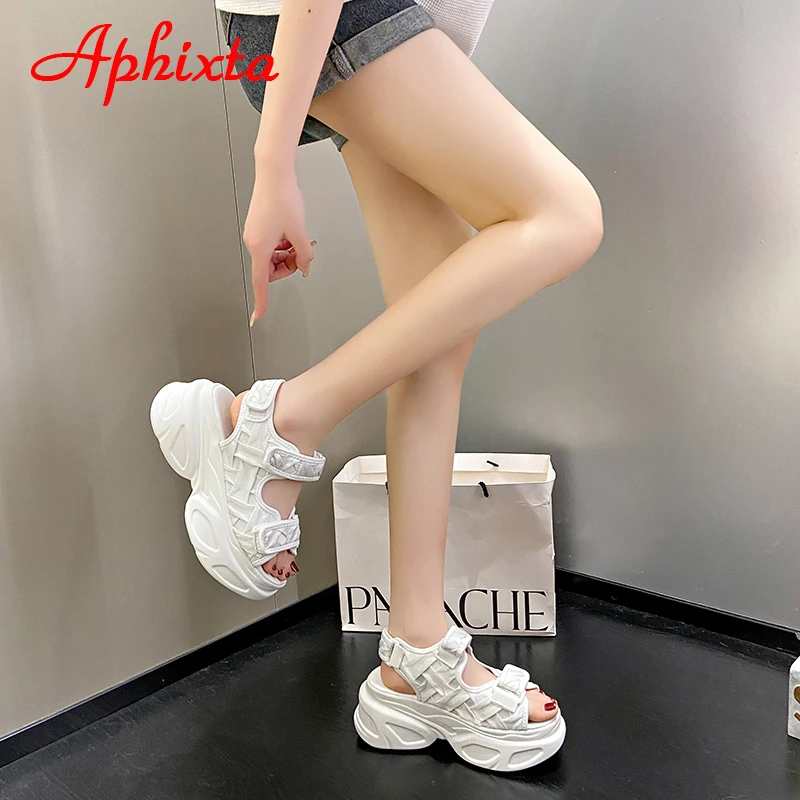 Aphixta Summer 7.5cm Platform Sandals Women Wedge Heels Shoes Adjustable Hook & Loop Silk Fabrics Cool Beach Slides Plus Szie 42