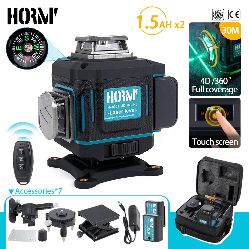 

Hormy 16 Lines 4D Laser Level Set Green Line SelfLeveling 360 Horizontal And Vertical Super Powerful Laser Level Green Beam