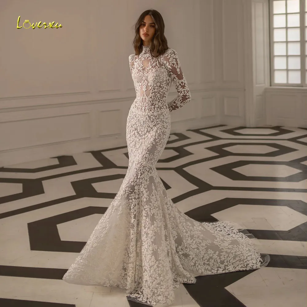 

Loverxu Mermaid Wedding Dresses High Neck Long Sleeve Vestido De Novia Lace Appliques Vintage Chic Custom Made Bridal Gown