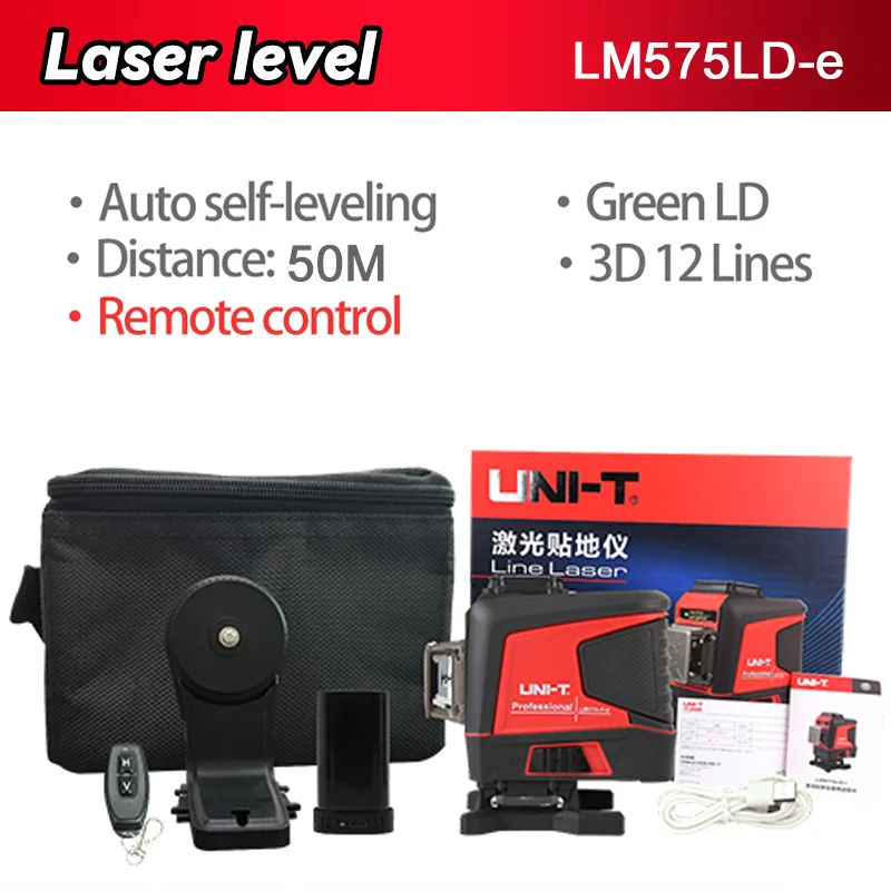 Un-t 12 Linee Livello Laser LM575-e 3D Autolivellante 360 Croce Orizzontale E Verticale Linea Raggio Laser Verde Super Potente