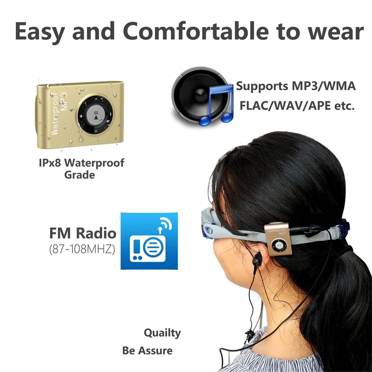 

Новинка 2025 года — IPX8 Спортивный водонепроницаемый MP3-плеер Дайвинг Серфинг Плавание MP3 Мини-клип MP3-плеер FM-радио Водонепроницаемые наушники A