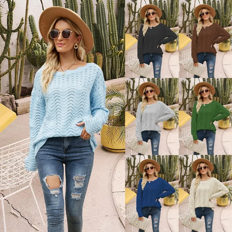 

European and American Solid Color Hollow Pullover with Lace Knitwear, One Line Neck Off the Shoulder Sweater for Women SFC5-3