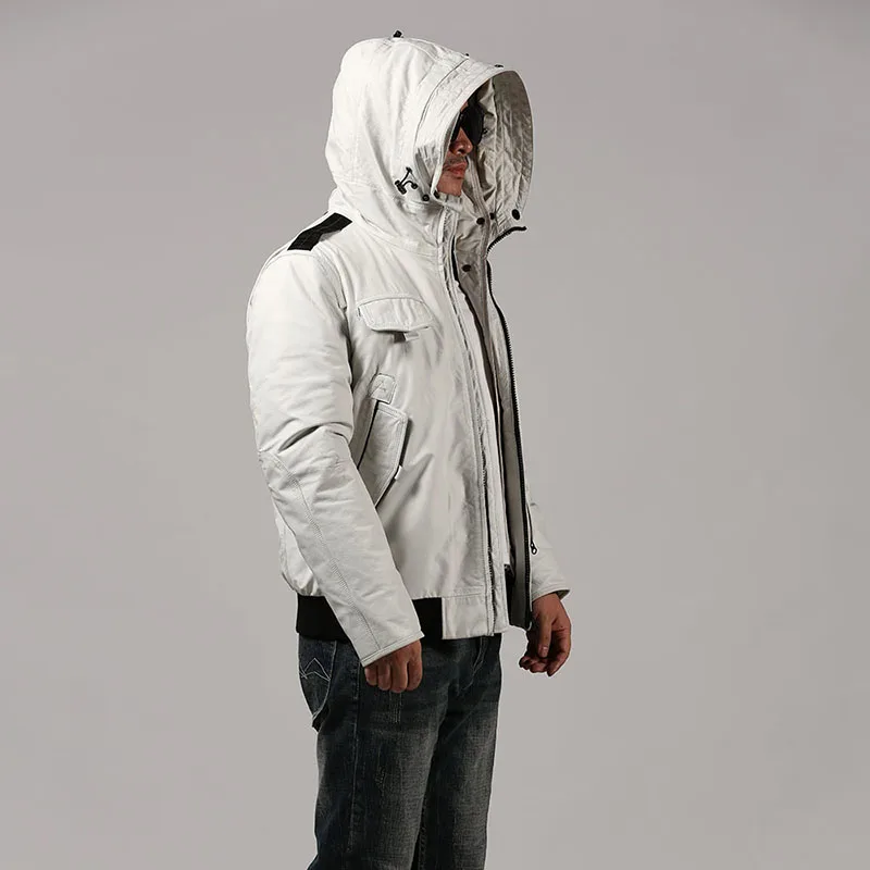 Winter European USA Plus size Hooded Casual Removable Liner White Cowhide Men Superior Quality Genuine Leather Down Jackets