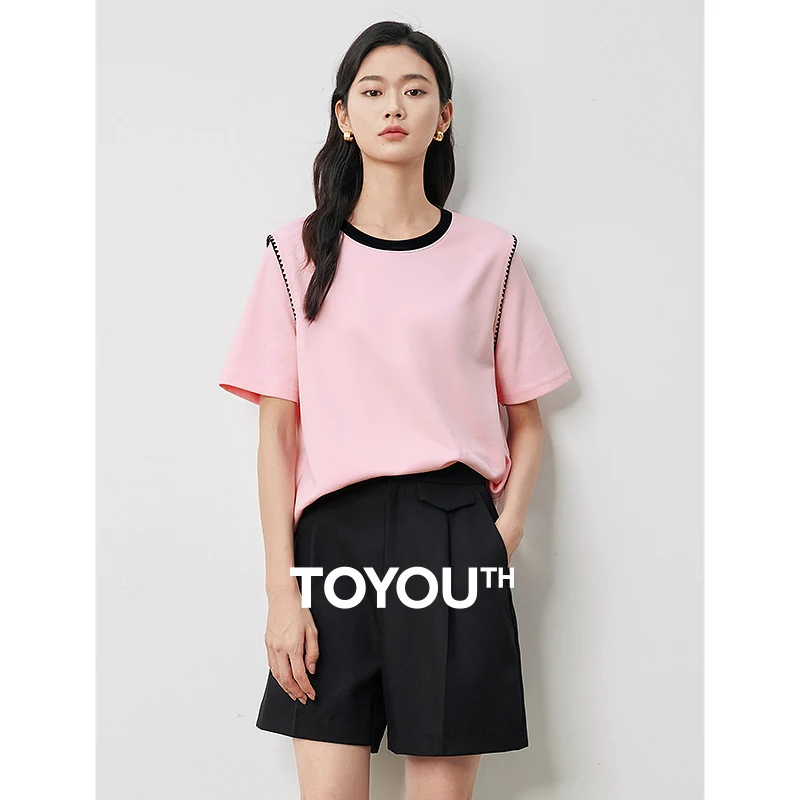 TOYOUTH Women T-shirt 2024 Summer New Round Neck Embroidered Edge Short Sleeve O Neck Versatile Casual Loose Solid Color Tops