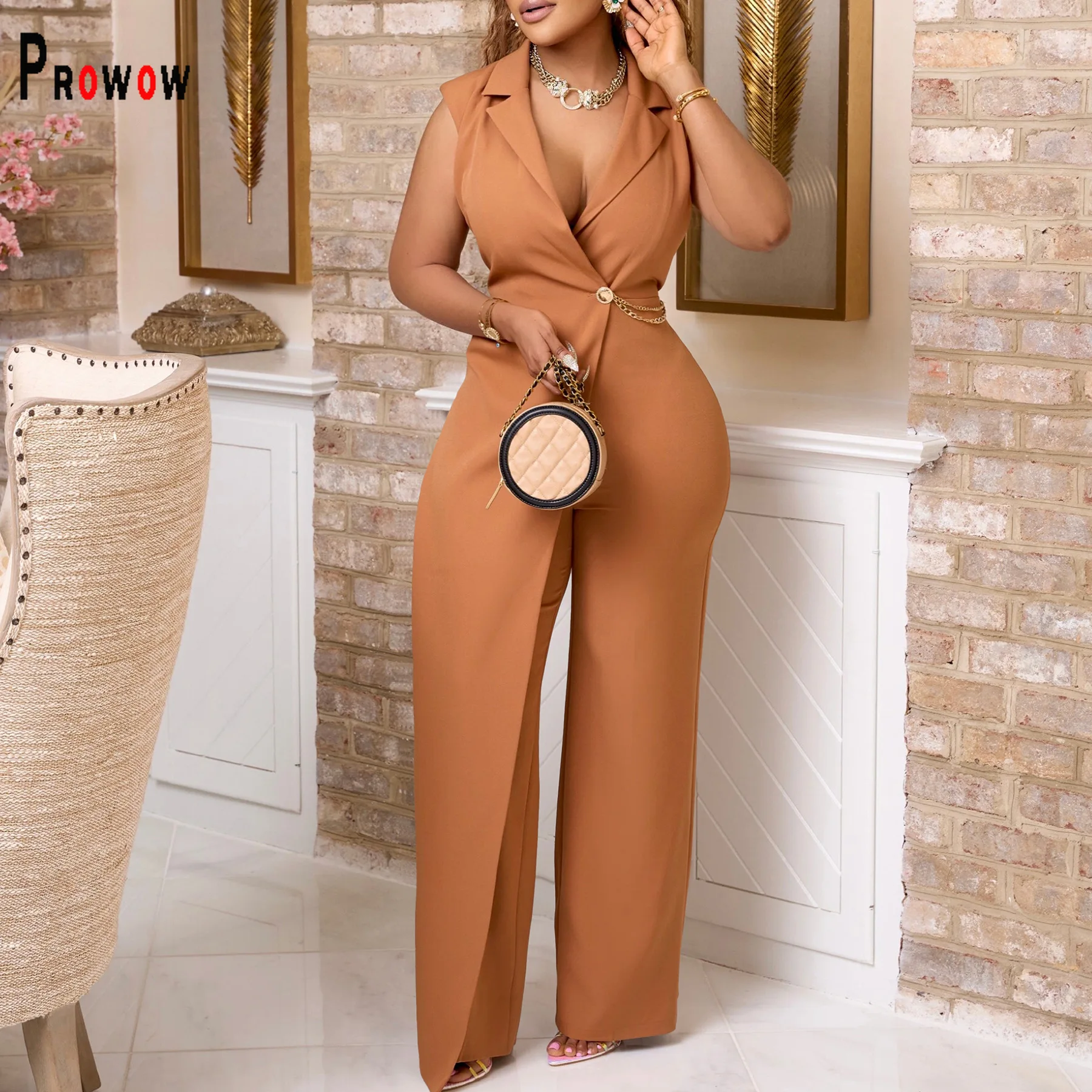 Prowow Fashion High Waisted Women\'s Jumpsuits Sleeveless One-piece Solid Color Female Clothing 2024 New Design Romper Outfits