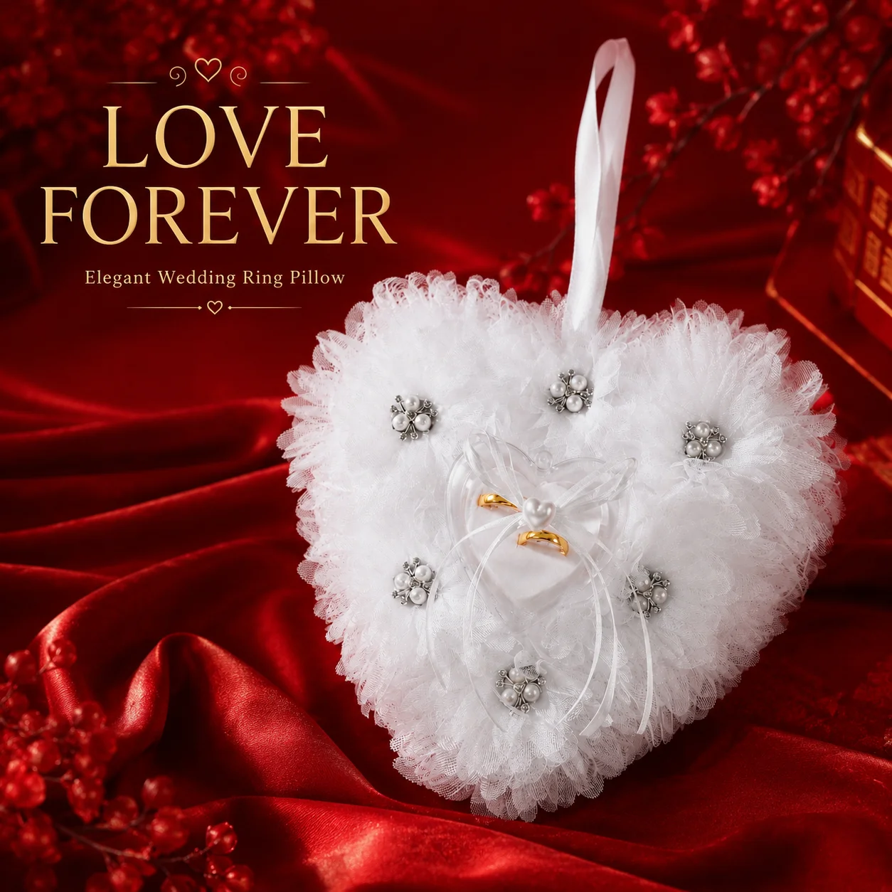 White Heart Shaped Wedding Ring Pillow with Tulle Petals, Pearl Rhinestone Accents and Clear Heart Ring Holder