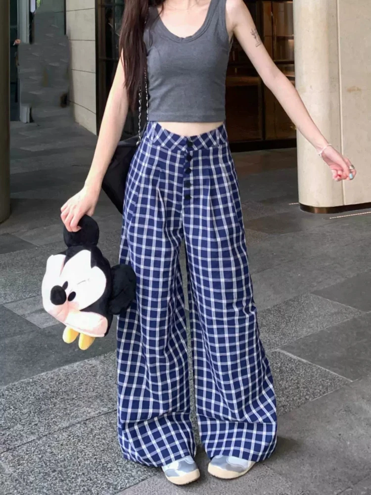 Blue Vintage Plaid Loose Straight pants Women's Summer High Waist Korean Loose Wide Leg Trousers Casual Streetwear Pockets Pants