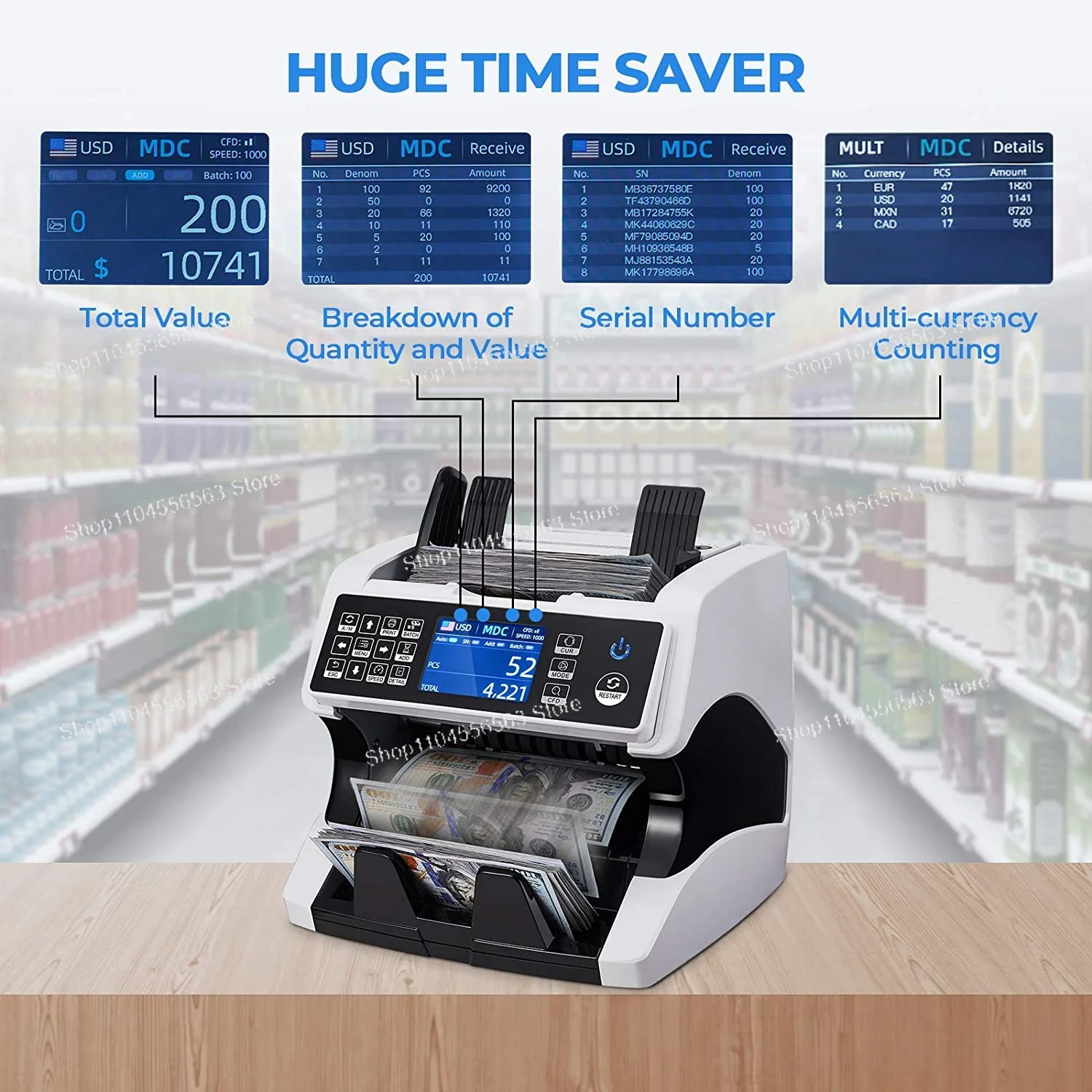 Vertical Multi-Currency Bill Counter with Dual CIS Scanning AL-920 Type for USD Euro Banknote Mixed Denomination Counter