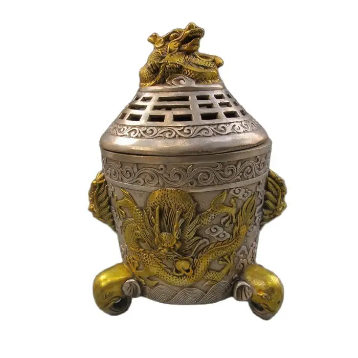 China Silver Gilt Dragon Incense Burner & Lid w Ming Dynasty Xuan De Mark