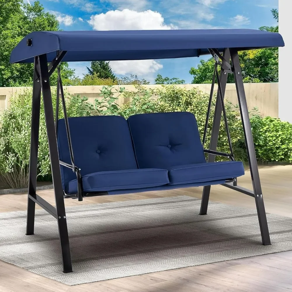 2-Seat Outdoor Patio Swing Chair with Adjustable Canopy, Porch Swings Chairs, Outside Swing Bench with Removable Cushion, Swings