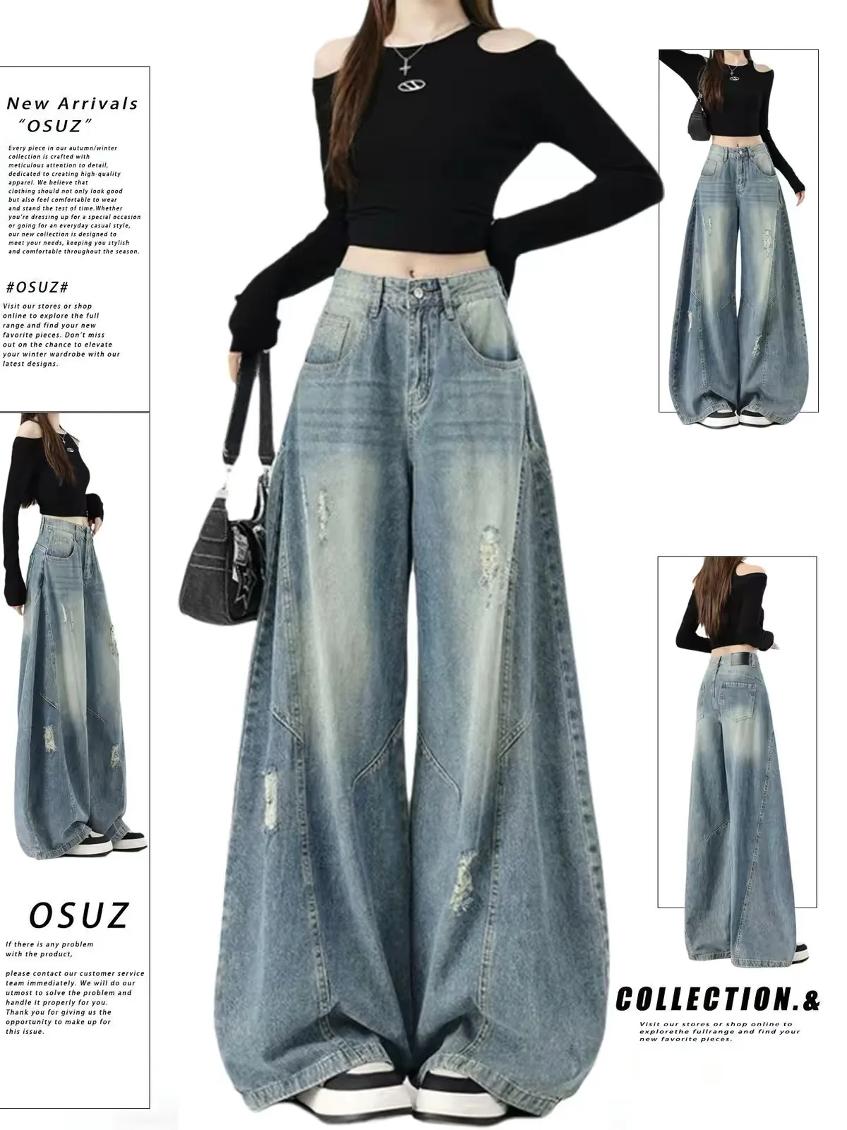 Casual Loose Wide Leg Pants Women's Autumn New Style Pear Shape Lazy Small Size Drapey Long Pants High Waist Denim Jeans