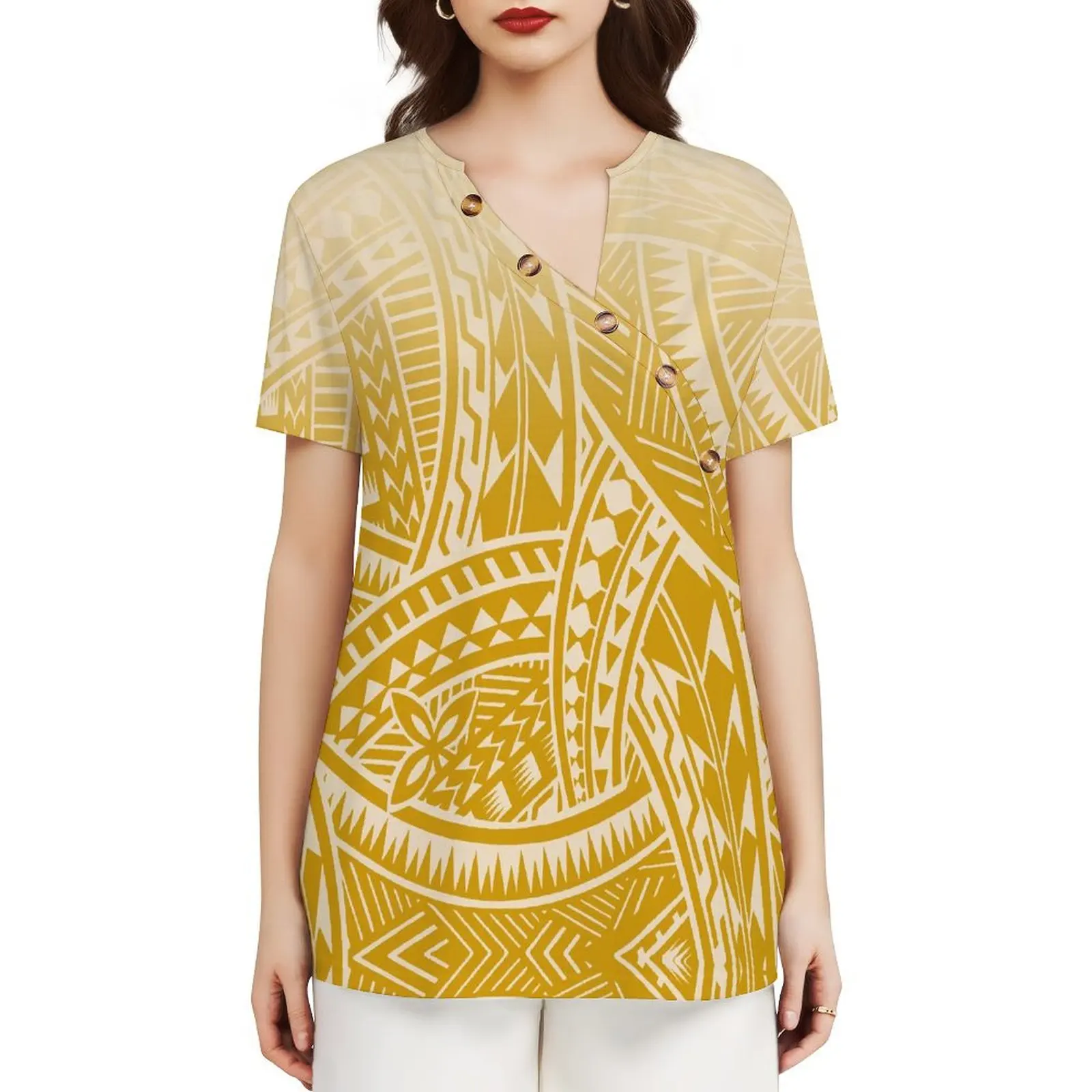 Polynesian Custom Women Summer Home Office Clothing New Skew Collar Short Sleeve Design Samoa Island Women Custom