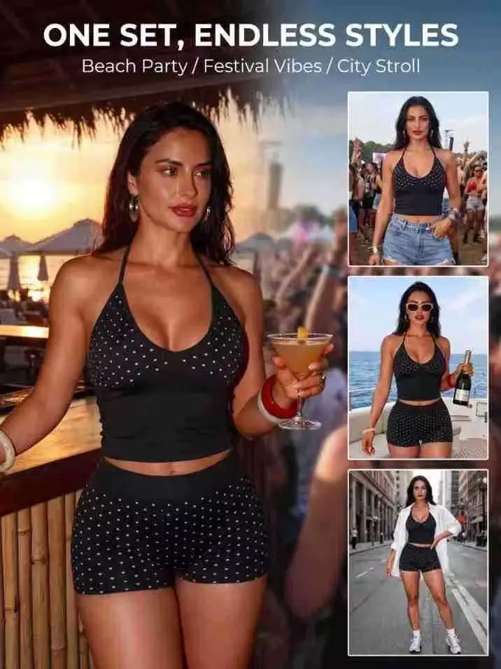 Retro Polka Dot Print Slim Fit V-Neck Halter Top and Shorts Two-Piece Set, Sexy Low-Waist Tight Sports Outfit