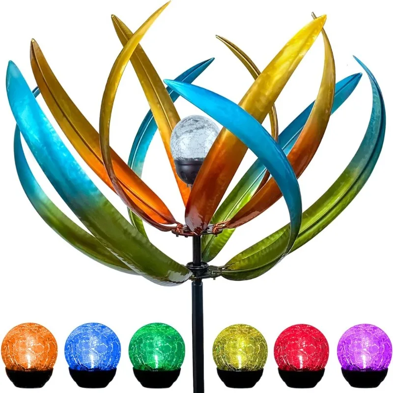 

Solar Wind Spinner Outdoor Kinetic Tulip Flower Sculpture with Color Changing LED Crackle Glass Ball Waterproof Garden Stake