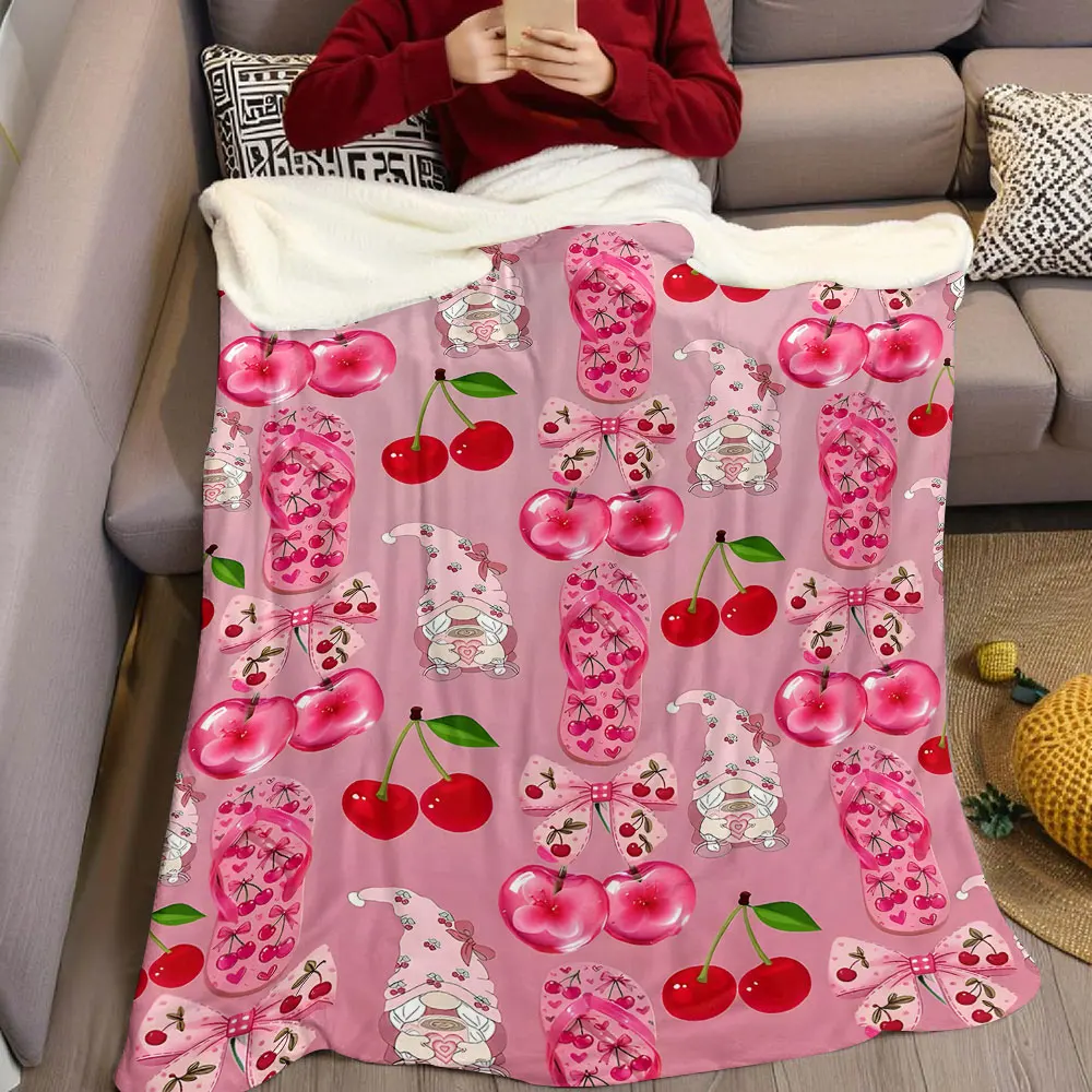 Pink Cherry Gnome Flannel Blanket Warm Soft Halloween Christmas Decorative Couch Warm Cozy All-Season Gift