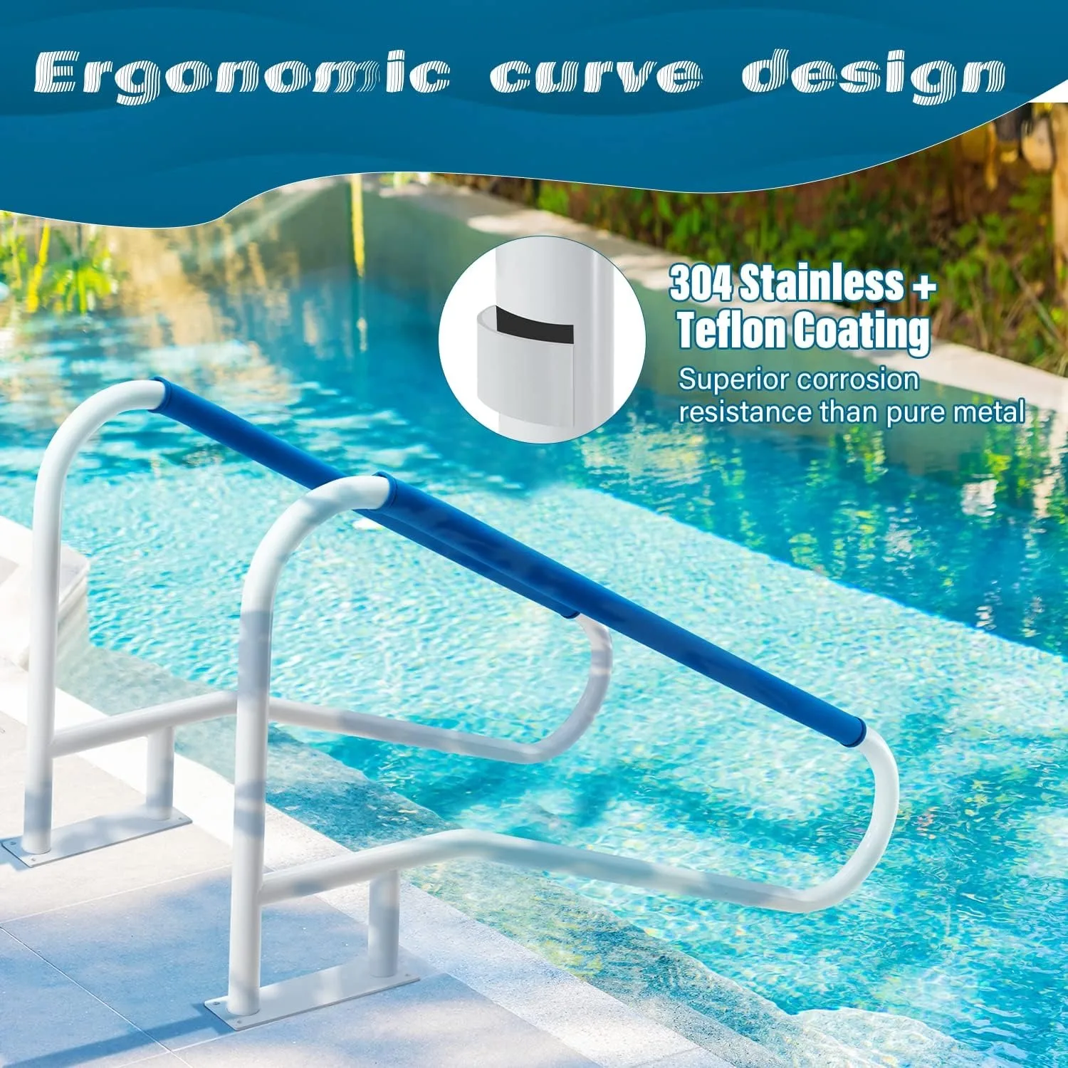 Rampe de piscine en téflon, rampe d'escalier de piscine à 4 volets, 55 po x 32 po, capacité artérielle 440, rampe de piscine en acier inoxydable 304 pour piscine creusée