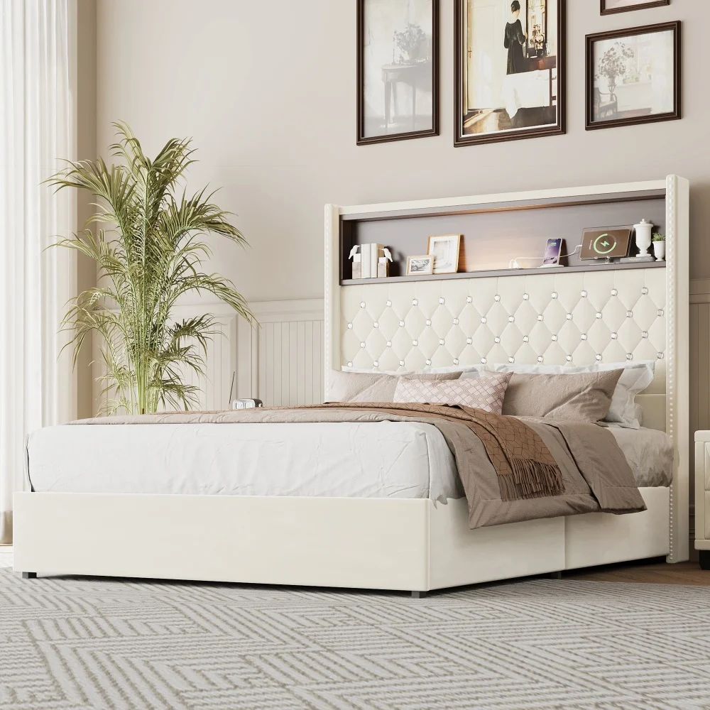 

Full Size Velvet Tufted Bed:USB,Night Light,52''High Rivet Headboard,Wingback,Shelf,Beige
