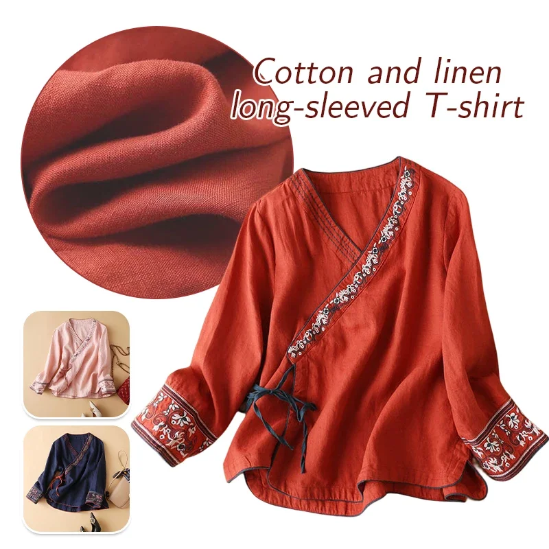 Blusa de estilo chino para mujer, cárdigan Retro literario, algodón étnico, lino, bordado con cuello en V, camisa Oriental Hanfu, Tops de verano