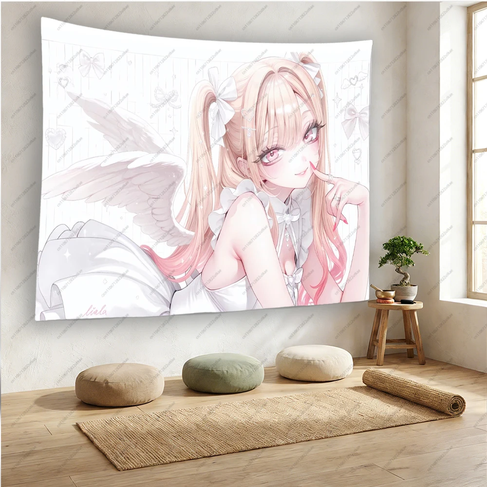 Soft Pastel White Wing Angel Girl With Big White Bows Print Tapestry Cute Y2K Anime Dorm Wall Decor