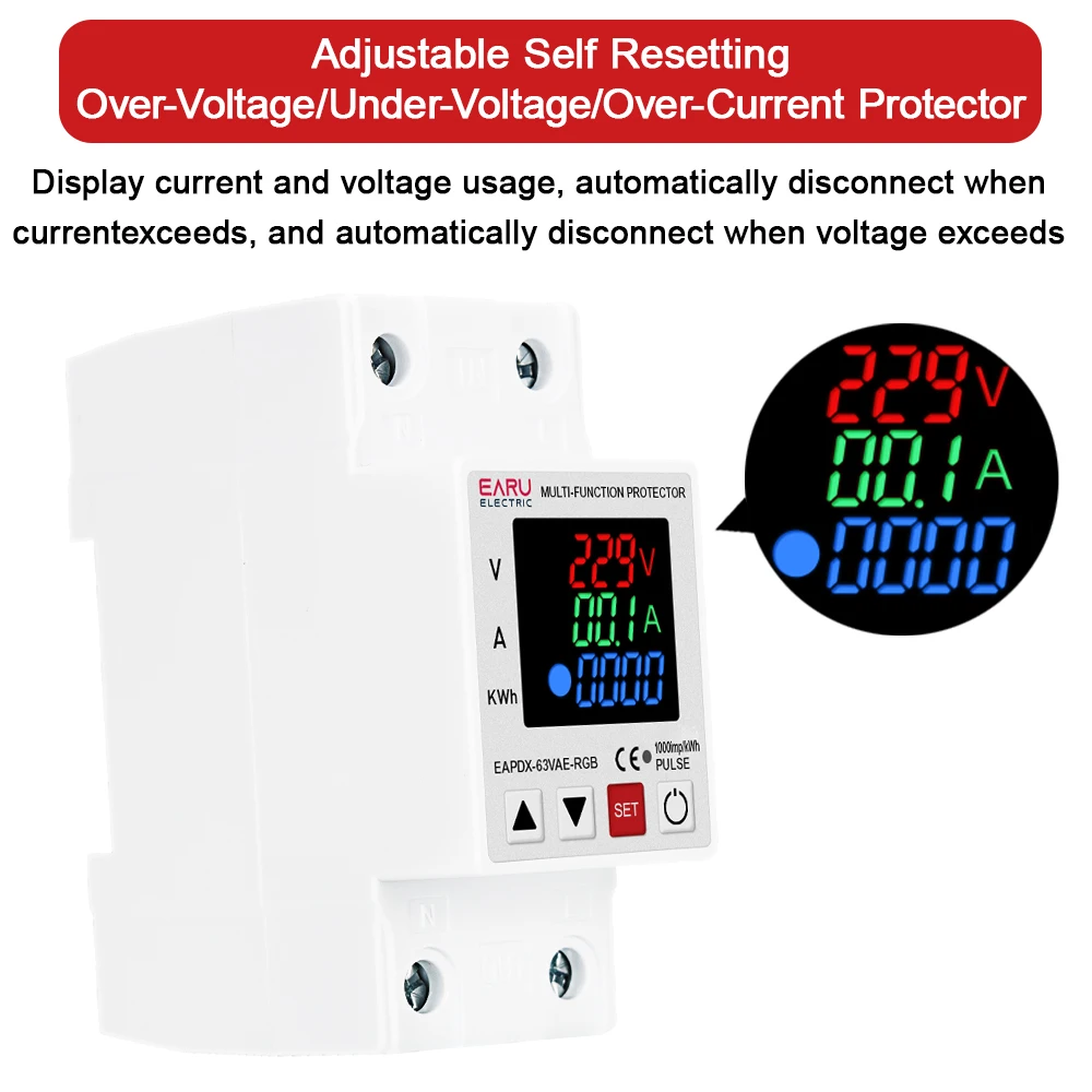 63A 230V 3IN1 Display Adjustable Over Voltage and Under Voltage Protective Device Protector Relay Over Current Protection Limit