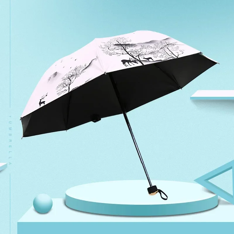 Ink Painting Umbrella ANTI-UV Foldable Umbrella Rain Women Chinese Style Umbrella Windproof Fashion Umbrellas Female Gift