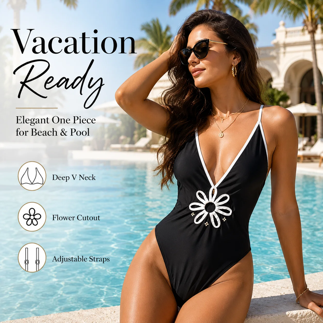 Luxury Women's Black Cutout One-Piece Swimsuit: Deep V-Neck Daisy Floral Monokini Bathing Suit for Summer Beach & Hot Spring